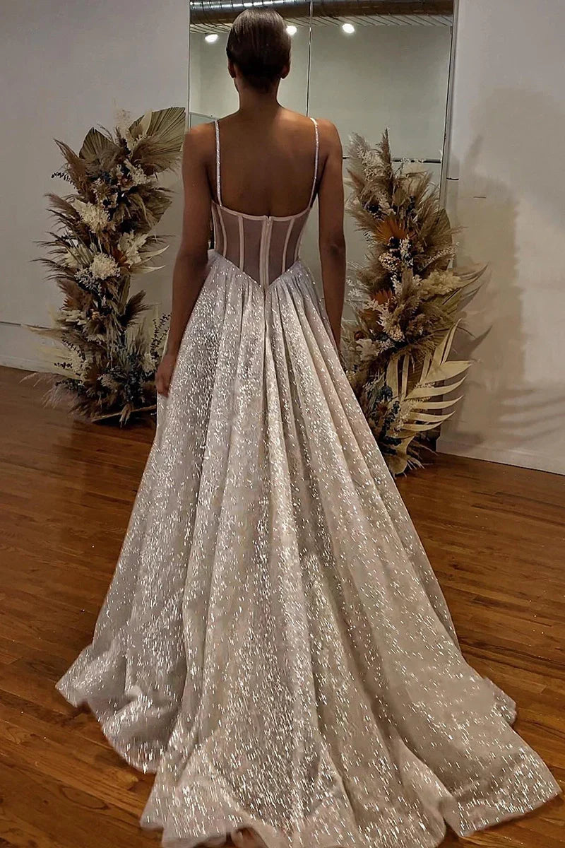 Wholesa A-Line Spaghetti Straps Lace Appliques Sparkly Wedding Dress